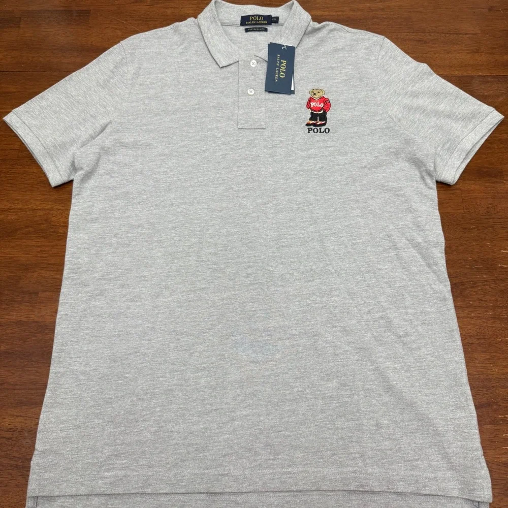Polo Ralph Lauren Polo Shirt Mens XXL Grey Custom Slim Fit Embroidered Polo Bear